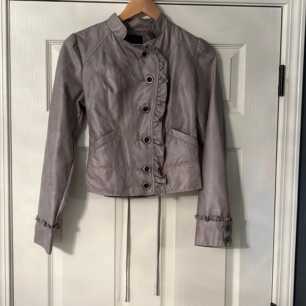 Metallic Ruffle Gret Gray Fitted Lace Up Tie Back Jacket